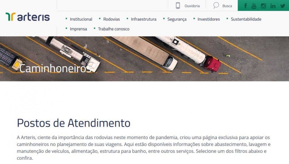 Arteris lança site para caminhoneiros com informações sobre funcionamento de postos e serviços