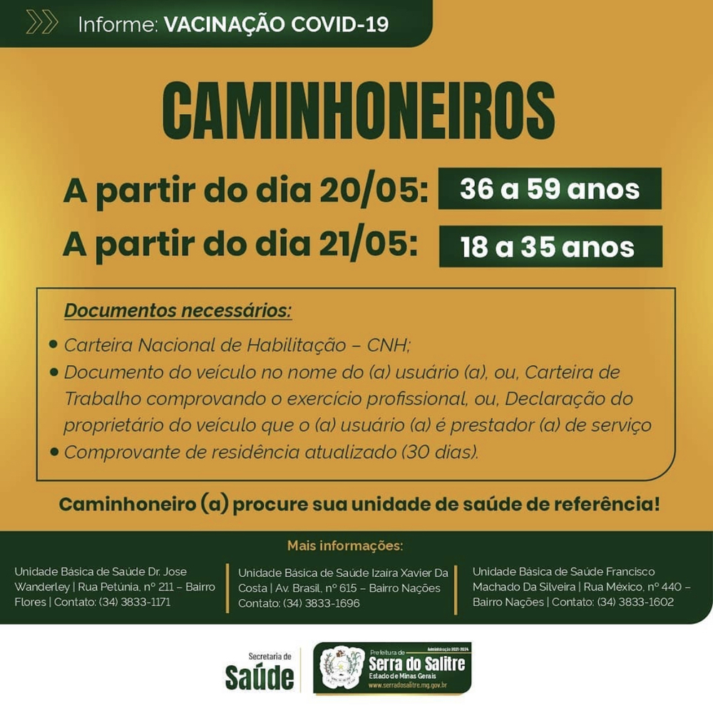 Serra do Salitre (MG) começa a vacinação de caminhoneiros