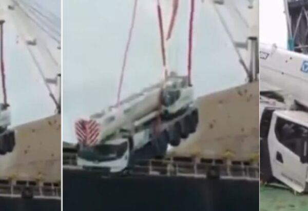 Caminhão de R$ 20 milhões cai de guindaste no Porto de São Francisco do Sul 